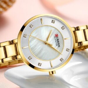 Curren 9051 Ladies Quartz Watch Chronograph Fashion Casual Stainless Steel - Gold with White Dial