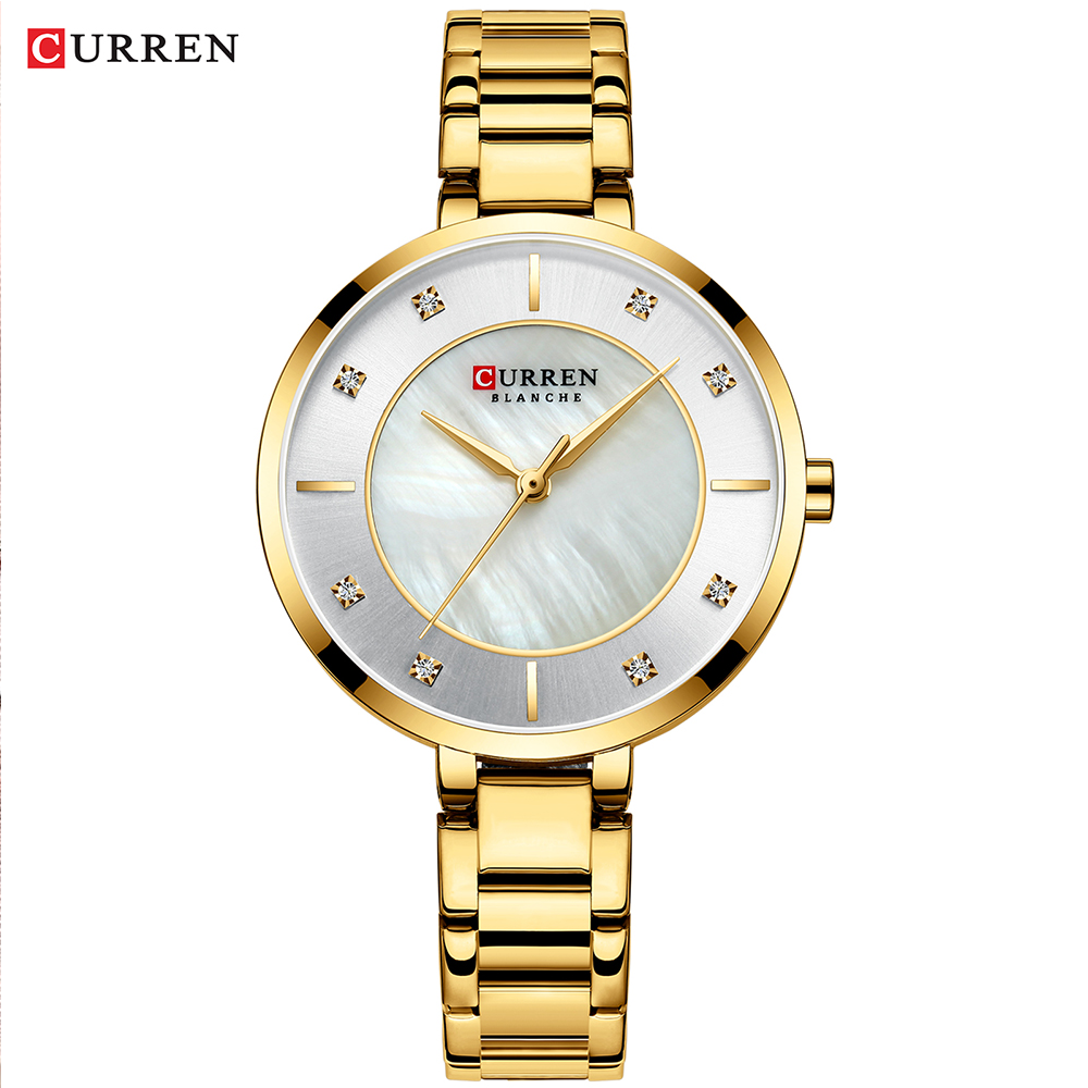 Curren 9051 Ladies Quartz Watch Chronograph Fashion Casual Stainless Steel - Gold with White Dial