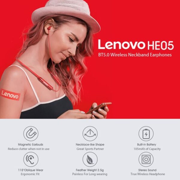 Lenovo HE05 Neckband Bluetooth Headset - Red