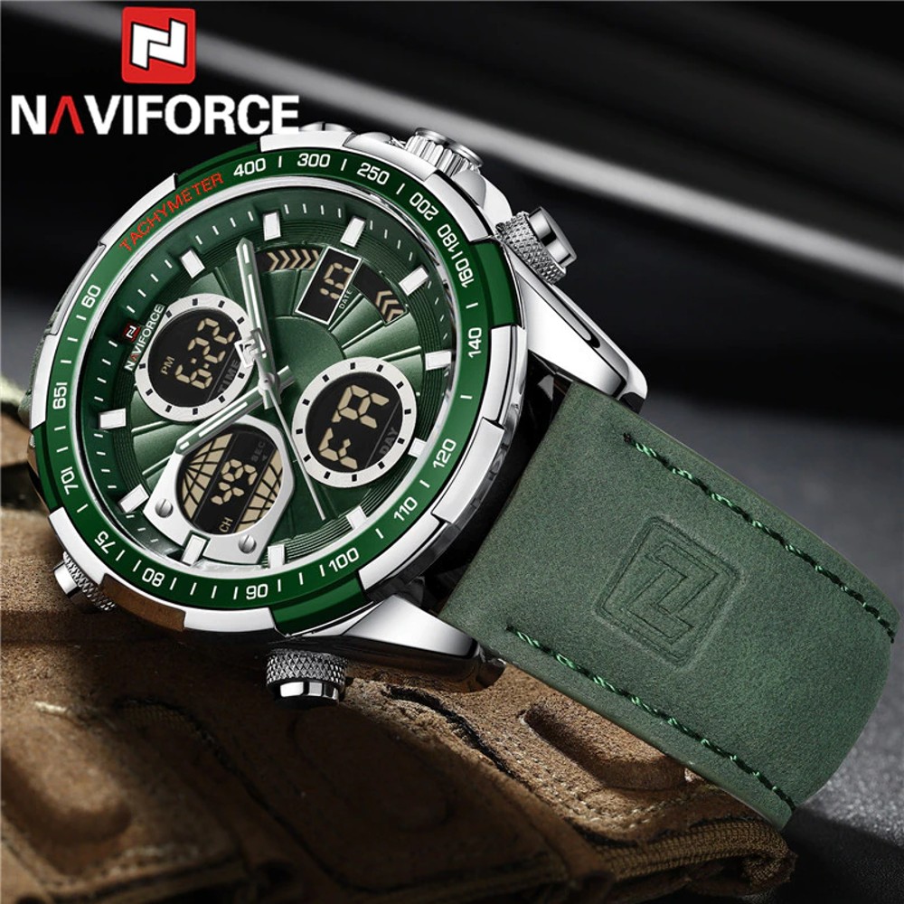 NAVIFORCE NF 9197 Men's Watch Dual Time Leather  - Silver Green