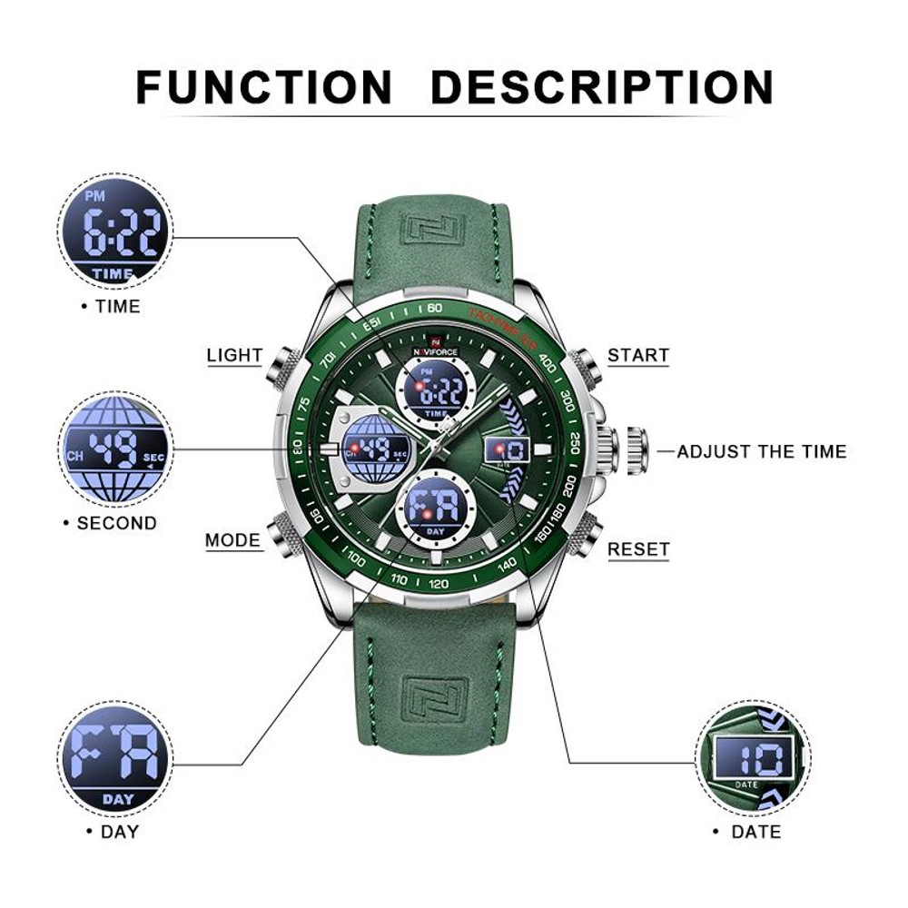 NAVIFORCE NF 9197 Men's Watch Dual Time Leather  - Silver Green