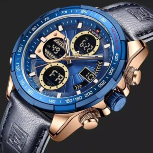 NAVIFORCE NF 9197 Men's Watch Dual Time Leather  - Rose Gold Blue