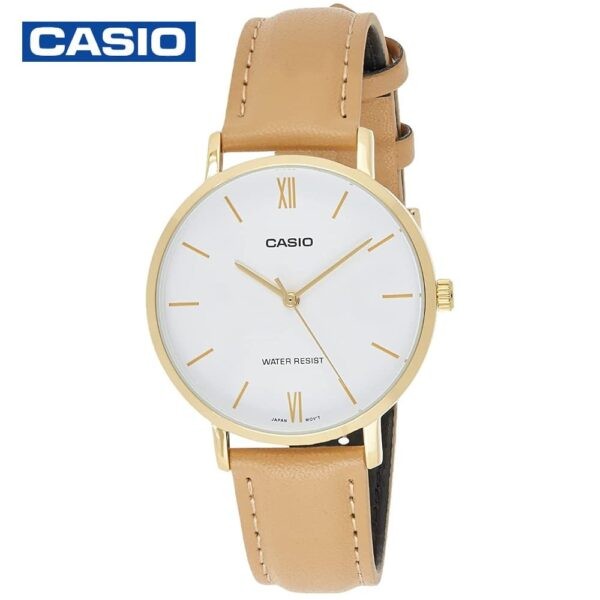 Casio LTP-VT01GL-7BUDF White Dial Leather Women's Analog Watch- Brown