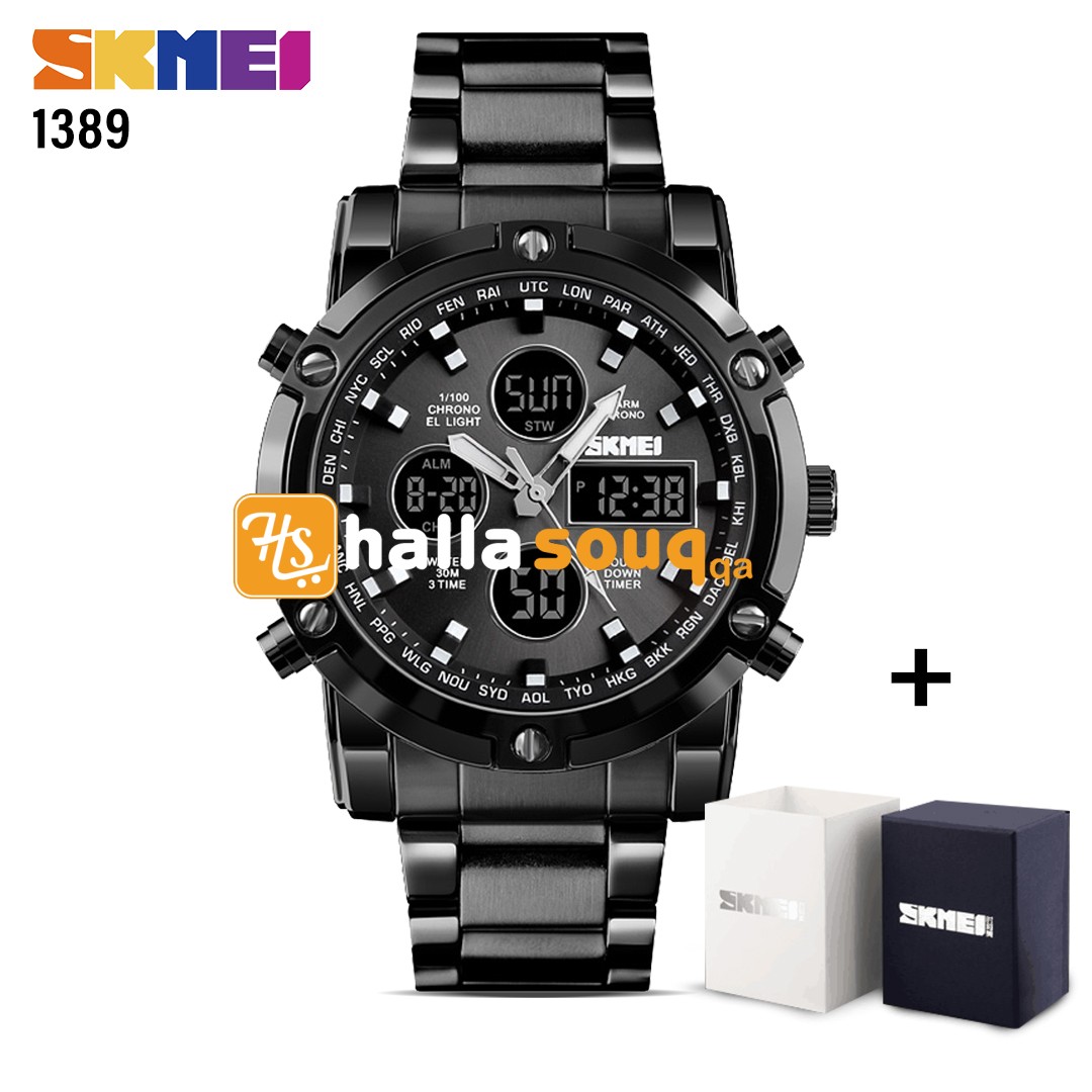 SKMEI SK 1389 High Quality Quartz Wristwatches Men Business Stainless Steel Watches Dual Display Luxury Military Watch-Black Black