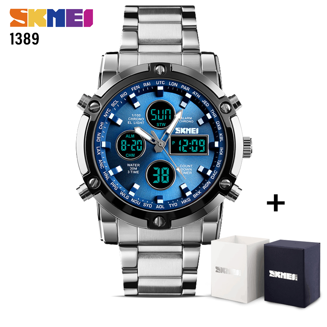 SKMEI SK 1389 High Quality Quartz Wristwatches Men Business Stainless Steel Watches Dual Display Luxury Military Watch-Silver Blue