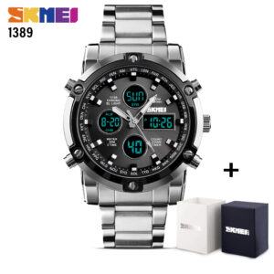 SKMEI SK 1389 High Quality Quartz Wristwatches Men Business Stainless Steel Watches Dual Display Luxury Military Watch-Silver Black