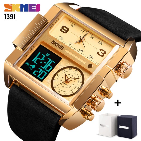 SKMEI SK 1391 Mens Luxury Brand Square Fashion Casual Clock Leather Strap Watches-Gold Black