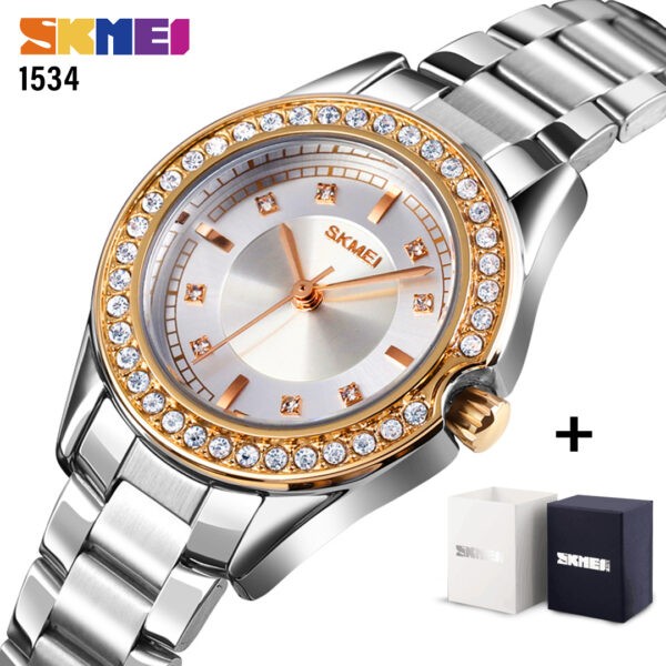 SKMEI SK 1534GDSI Women's Watch Stainless Steel Innovative Diamond Wristwatch - Gold Silver