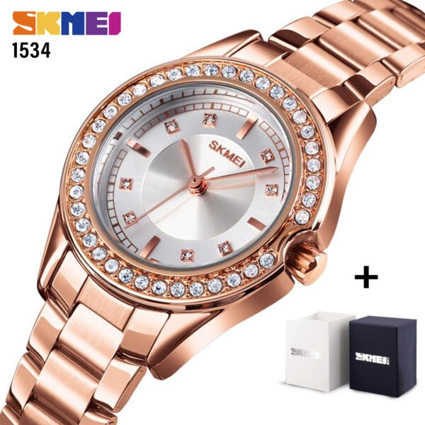 SKMEI SK 1534RG Women's Watch Stainless Steel Innovative Diamond Wristwatch - Rose Gold