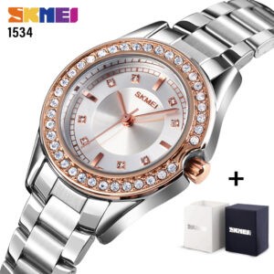 SKMEI SK 1534RGSI Women's Watch Stainless Steel Innovative Diamond Wristwatch - Rose Gold Silver
