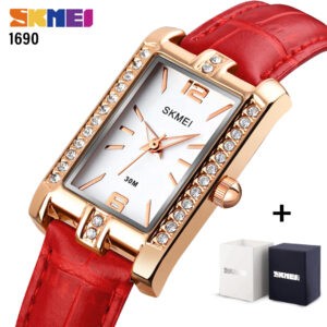 SKMEI SK 1690LRD Women's Watch Square Diamond Leather Strap - Red