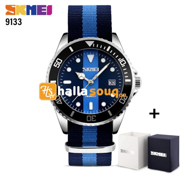 SKMEI SK 9133BU, 1 @55QAR, Nylon wristwatch japan top brand watches,stainless steel back -  Blue