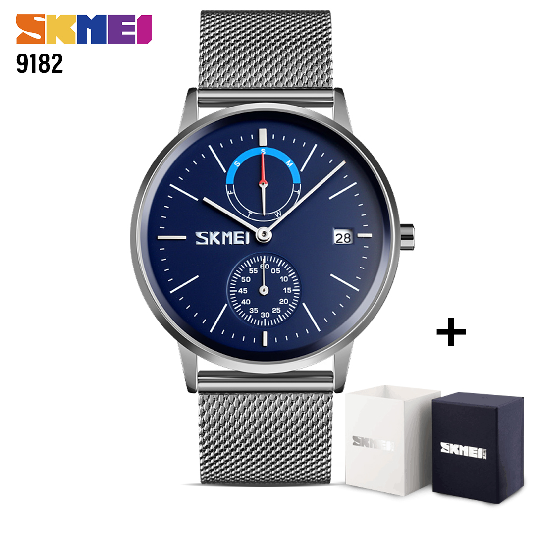 SKMEI SK 9182 Fashion Quartz Men Watch Luxury Brand Waterproof Stainless Steel Strap Silver
