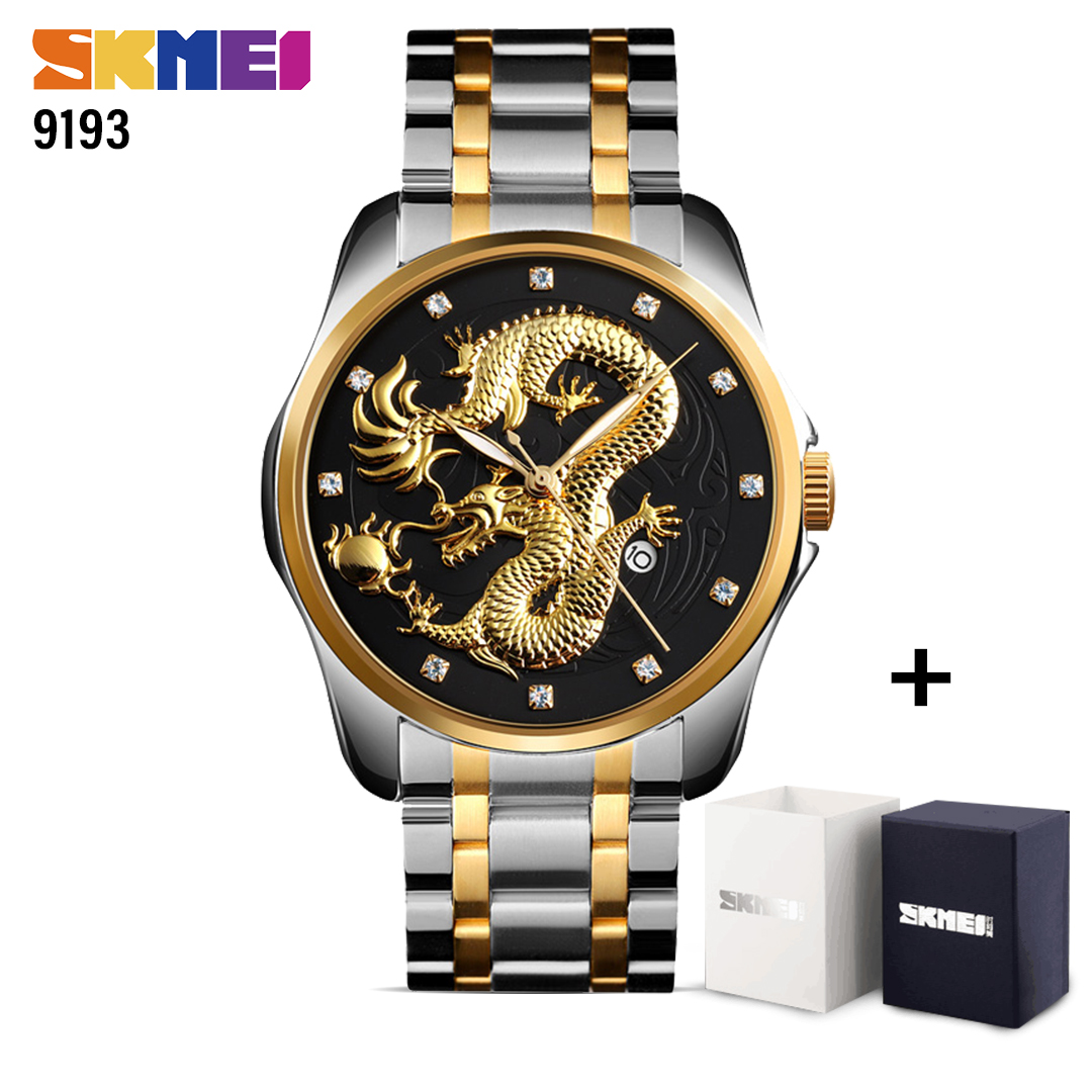 SKMEI SK 9193 Dragon Series Analog watch for Man Water resistant  Stainless Steel Wristwatch Silver Black