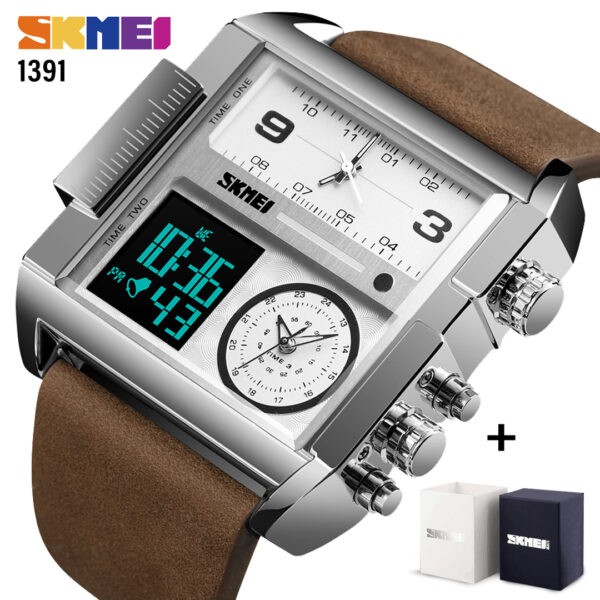 SKMEI SK 1391 Men's Luxury Brand Square Fashion Casual Clock Leather Strap Watches- Silver Coffee