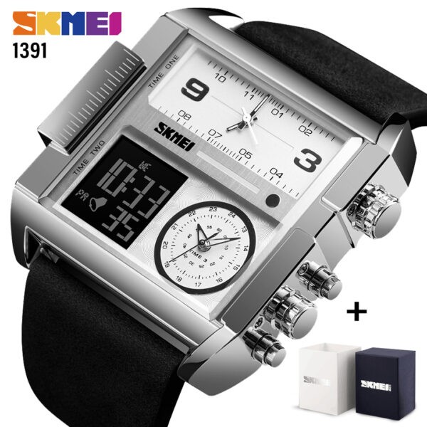 SKMEI SK 1391 Men's Luxury Brand Square Fashion Casual Clock Leather Strap Watches- Silver Black