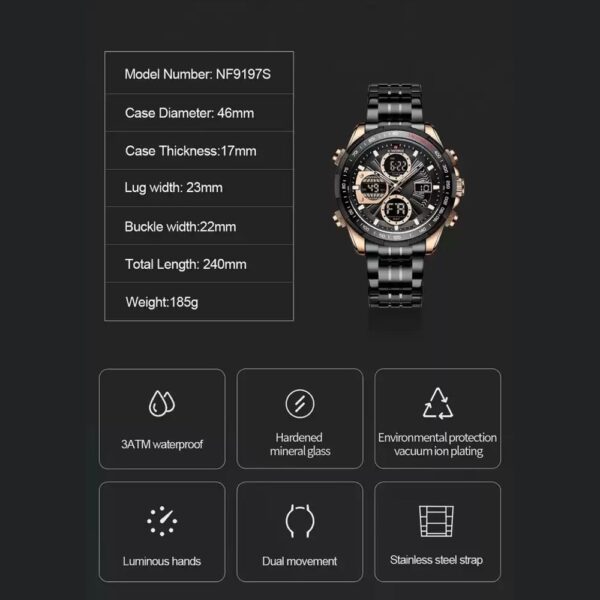 NAVIFORCE NF 9197 Men's Business Stainless Steel Analog Digital Watch - Rose Gold Black