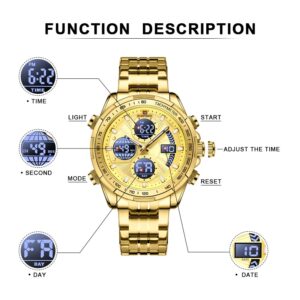 NAVIFORCE NF 9197 Men's Business Stainless Steel Analog Digital Watch - Gold Gold