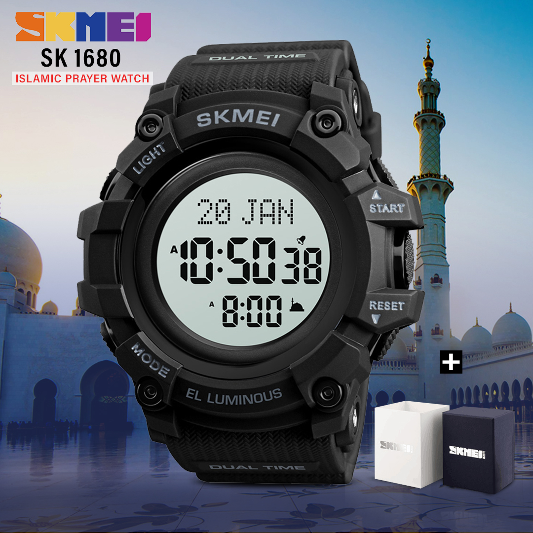 Skmei SK 1680BKWT Islamic Prayer Watch with Qibla Direction and Azan Reminder - Black White