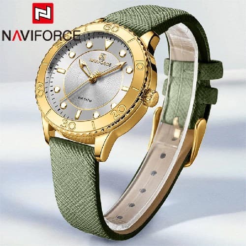 NAVIFORCE NF 5020 Women's Classic Leather Strap watch - Gold Green