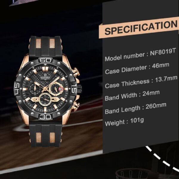 NAVIFORCE NF 8019R Men's Sports Resin Strap Watch - Rosegold Black