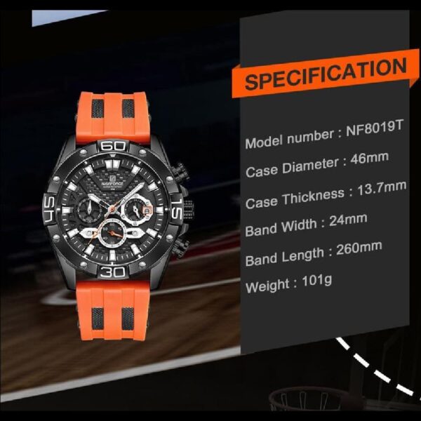 NAVIFORCE NF 8019R Men's Sports Resin Strap Watch - Black Orange