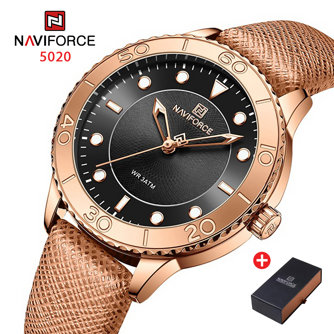NAVIFORCE NF 5020 Women's Classic Leather Strap watch - Rosegold Brown