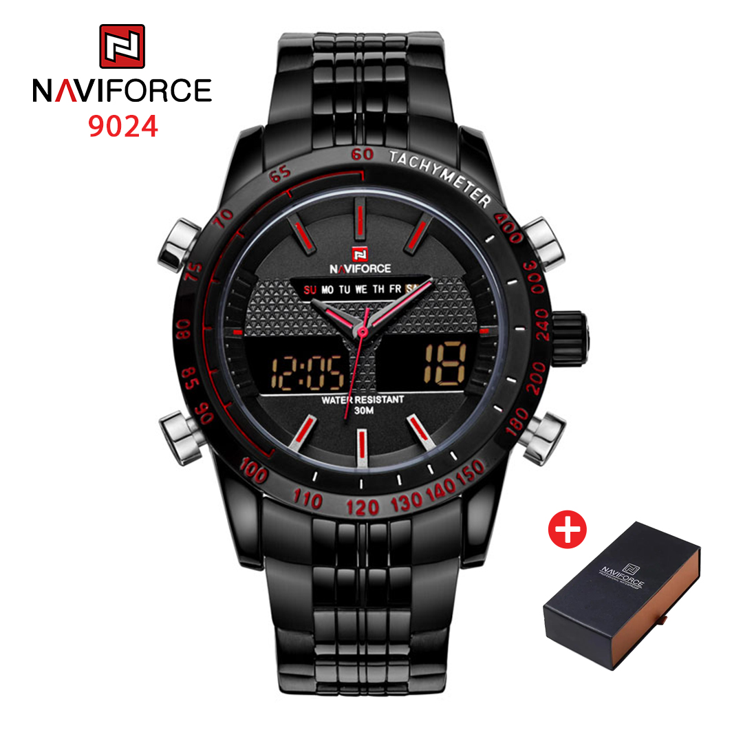 NAVIFORCE NF 9024 Men's Watch Analog-Digital Chronograph Stainless Steel Waterproof Wrist Watch with Calendar - Black Red