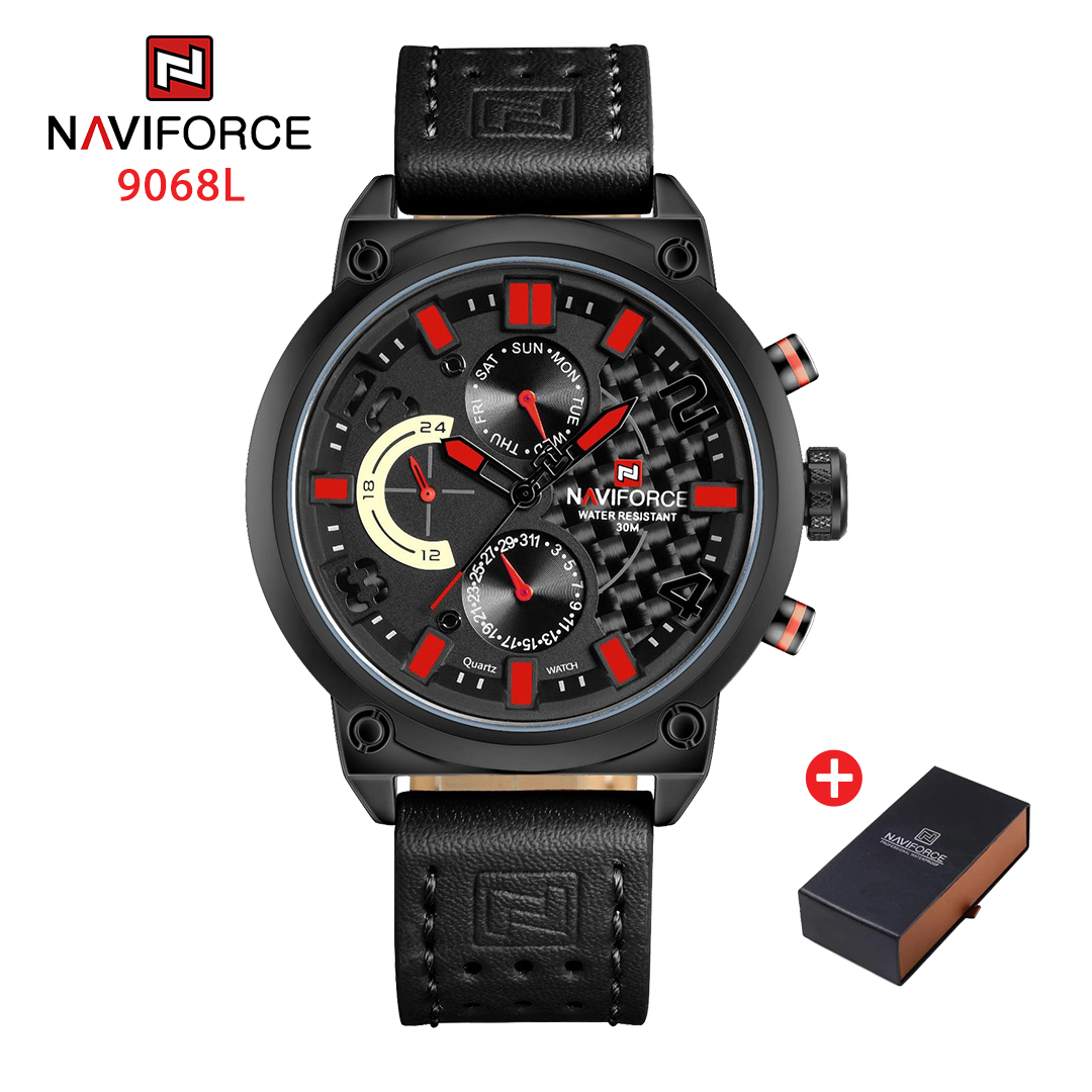 NAVIFORCE NF 9068L Men's Watch Date Week Waterproof Sport  Watch Genuine Leather Quartz RED