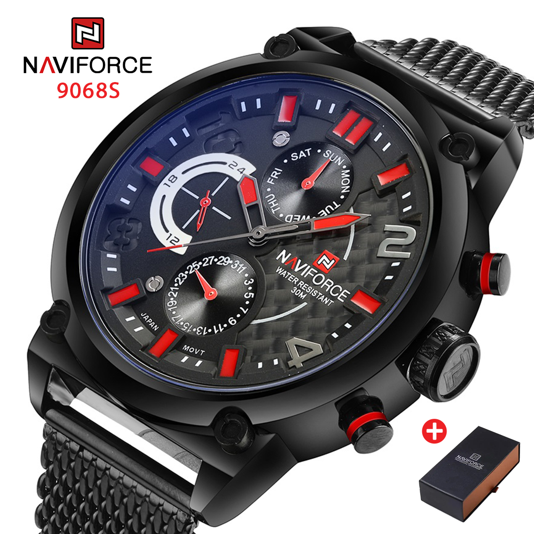 NAVIFORCE NF 9068S Men's Watch Analog Waterproof Stainless Steel Date Week Quartz RED