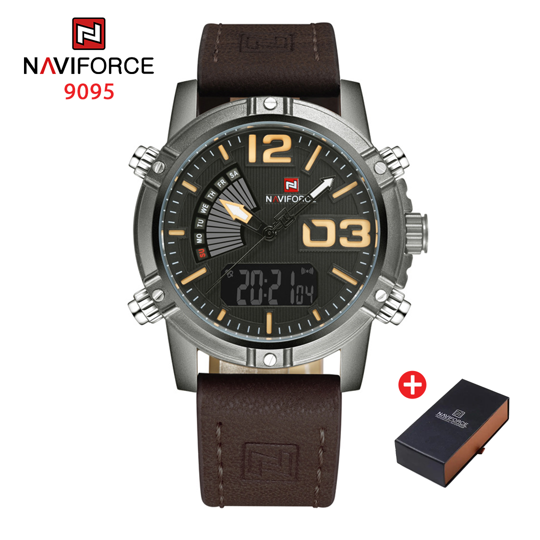 NAVIFORCE NF 9095 Multi Function Dual Display Waterproof Men's Watch - Black Brown