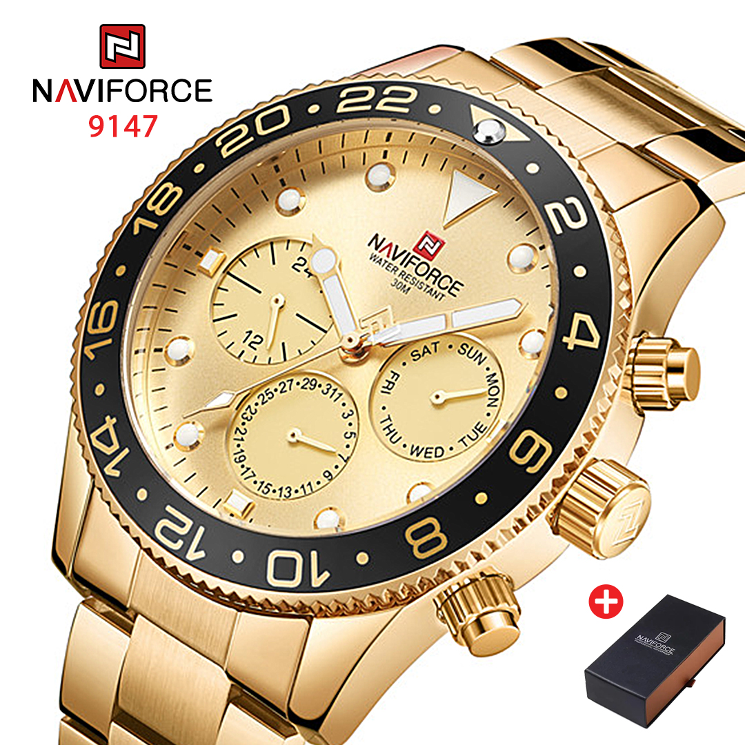 NAVIFORCE NF 9147 Men's Watch Waterproof Chronograph Date Stainless Steel Quartz-Gold