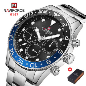 NAVIFORCE NF 9147 Men's Watch Waterproof Chronograph Date Stainless Steel Quartz-Silver Black