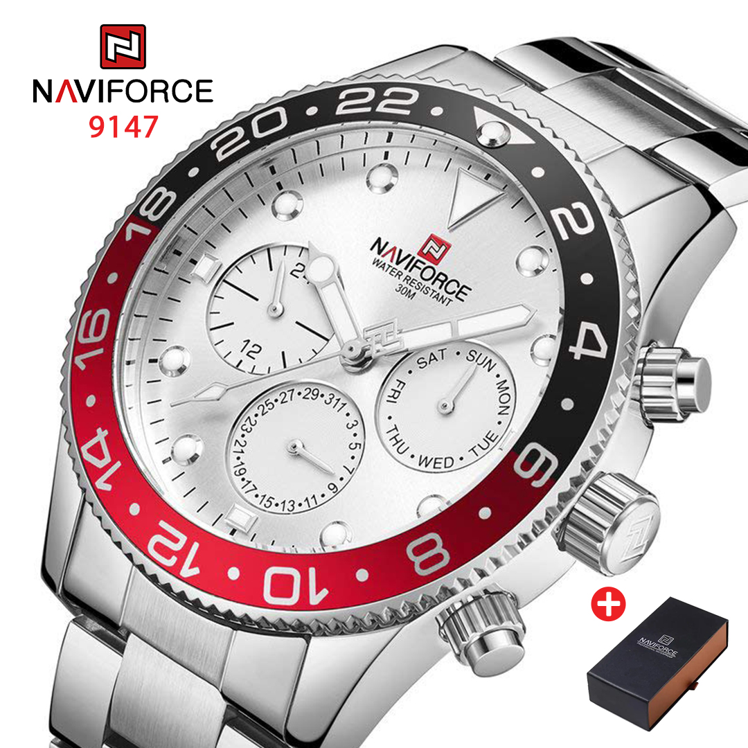 NAVIFORCE NF 9147 Men's Watch Waterproof Chronograph Date Stainless Steel Quartz-Silver White