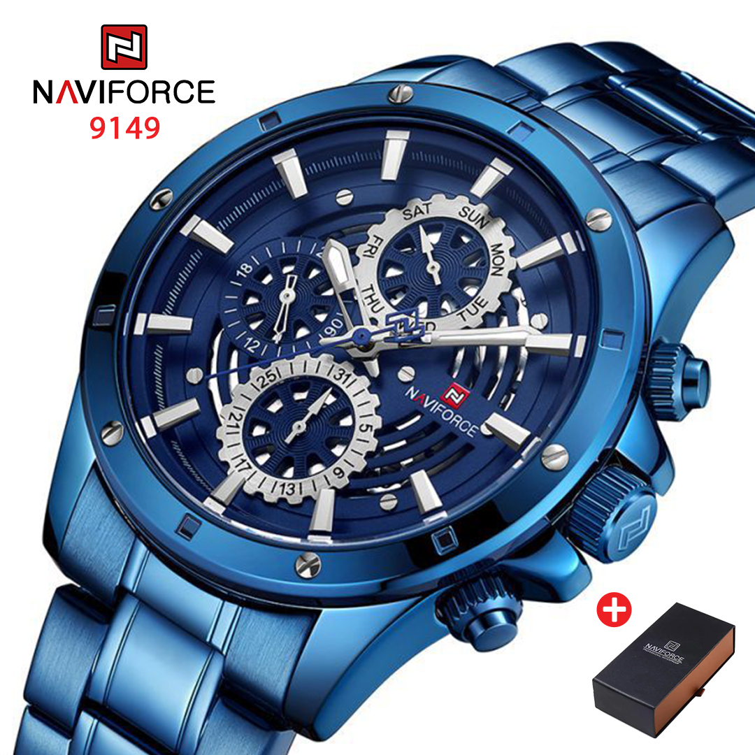NAVIFORCE NF 9149 Men's Watch Stainless Steel Chronograph Waterproof  Wrist Watch with Date Week-BLUE
