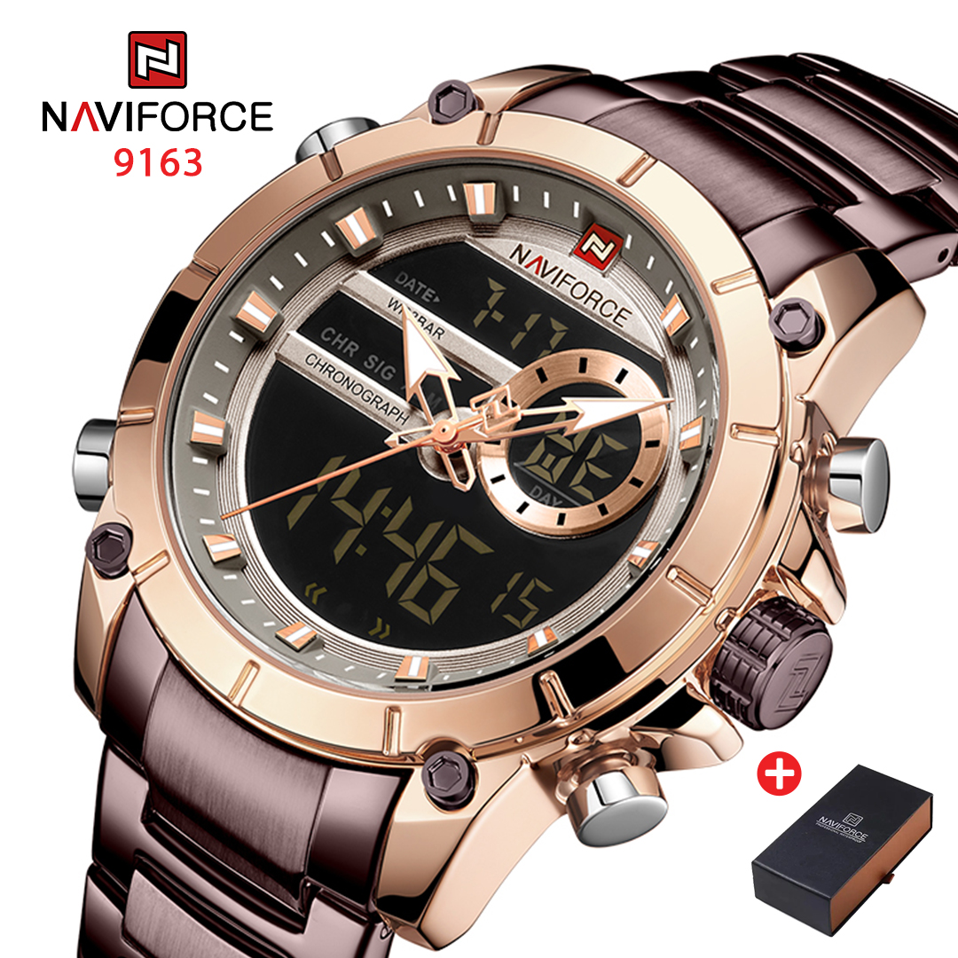NAVIFORCE NF 9163 Men's Watch Chronograph Stainless Steel Analog Digital Watch-Rose Gold Coffee