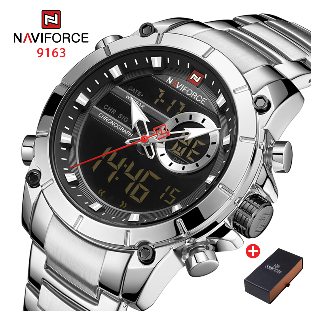 NAVIFORCE NF 9163 Men's Watch Chronograph Stainless Steel Analog Digital Watch-Silver Black
