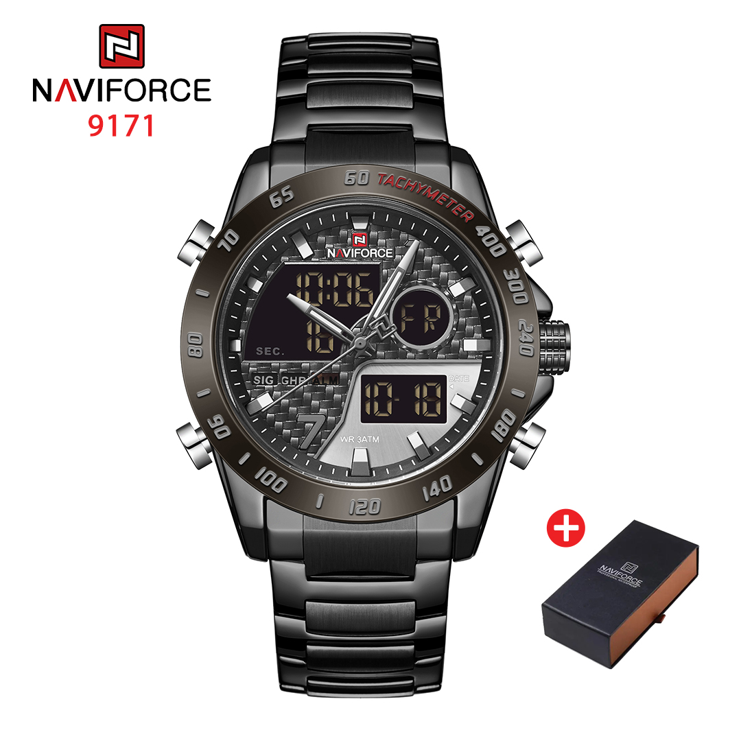 NAVIFORCE NF 9171 Luminous Stainless steel Men's watch Dual Time Display Waterproof-Black