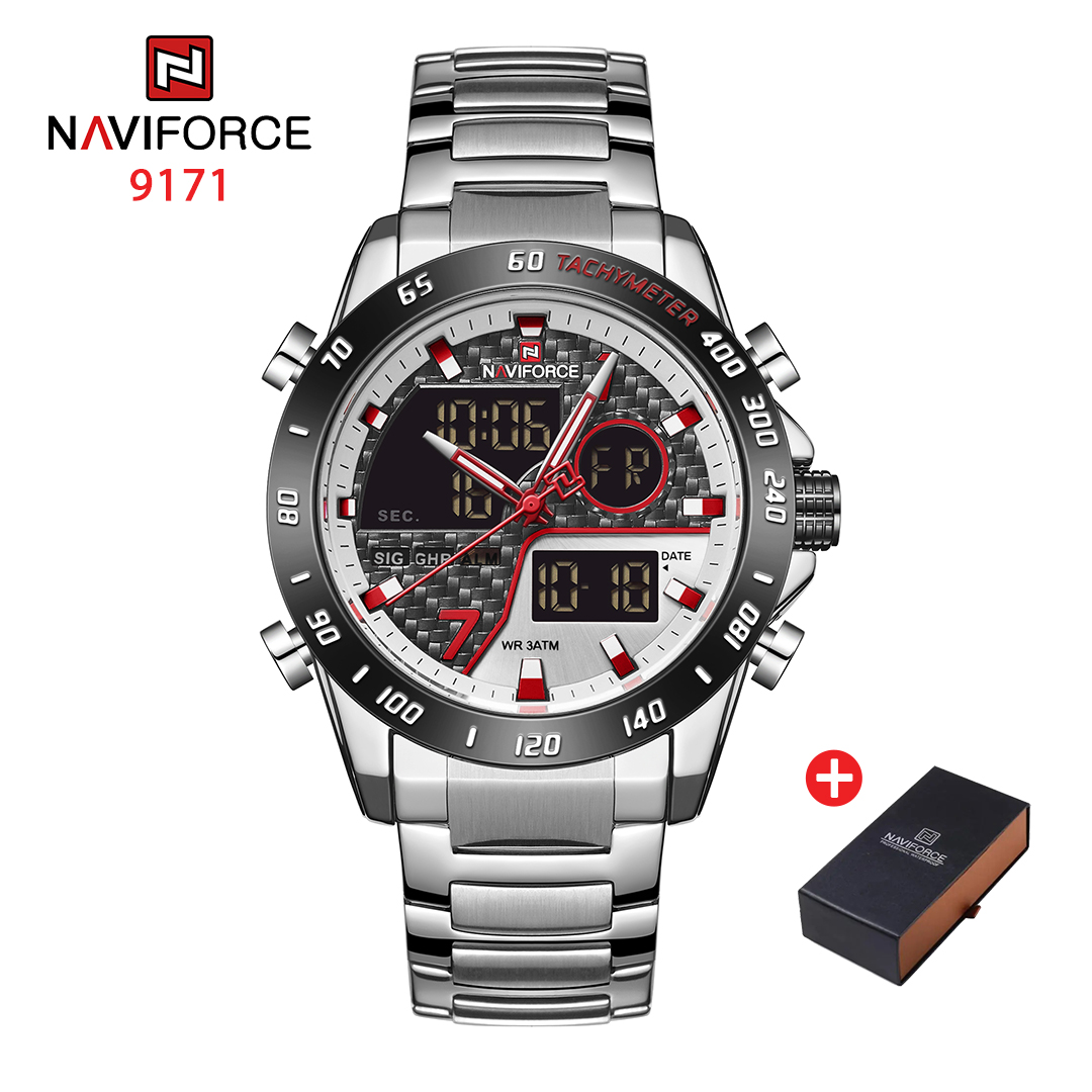 NAVIFORCE NF 9171 Luminous Stainless steel Men's watch Dual Time Display Waterproof-Silver