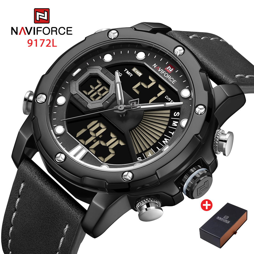 NAVIFORCE NF 9172L Leather Strap Dual Time Luminous Waterproof Men's Watch - Black