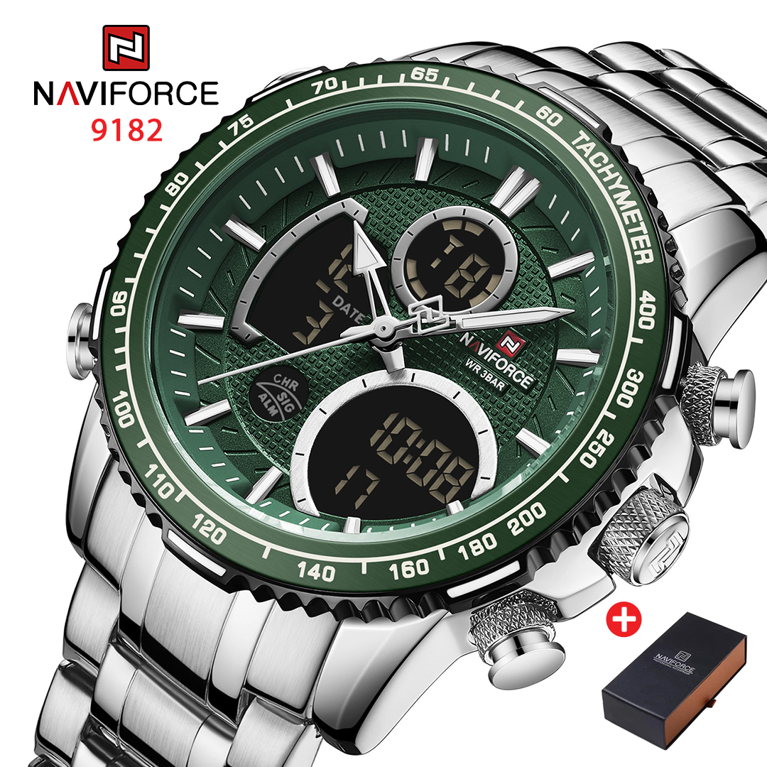 NAVIFORCE NF 9182 Big Dial Water Proof Men's Watch Chronograph-Silver Green