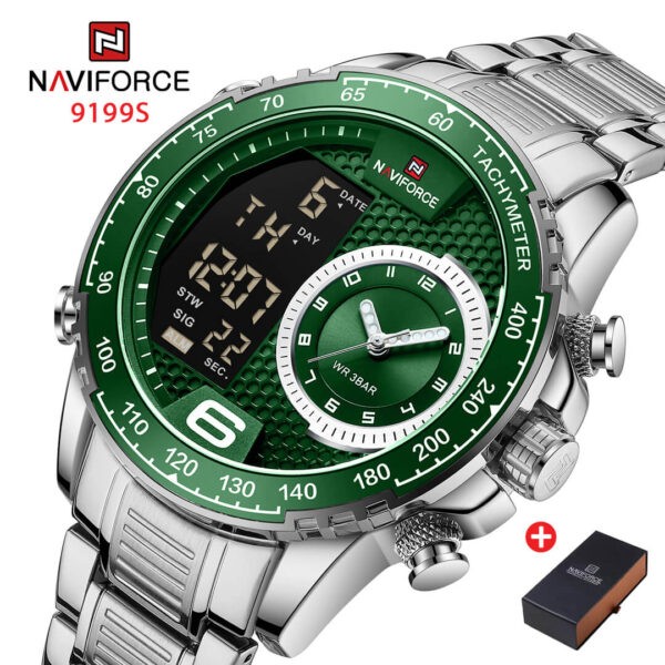 NAVIFORCE NF 9199S Double Display Men's watch Stainless Steel - Silver Green