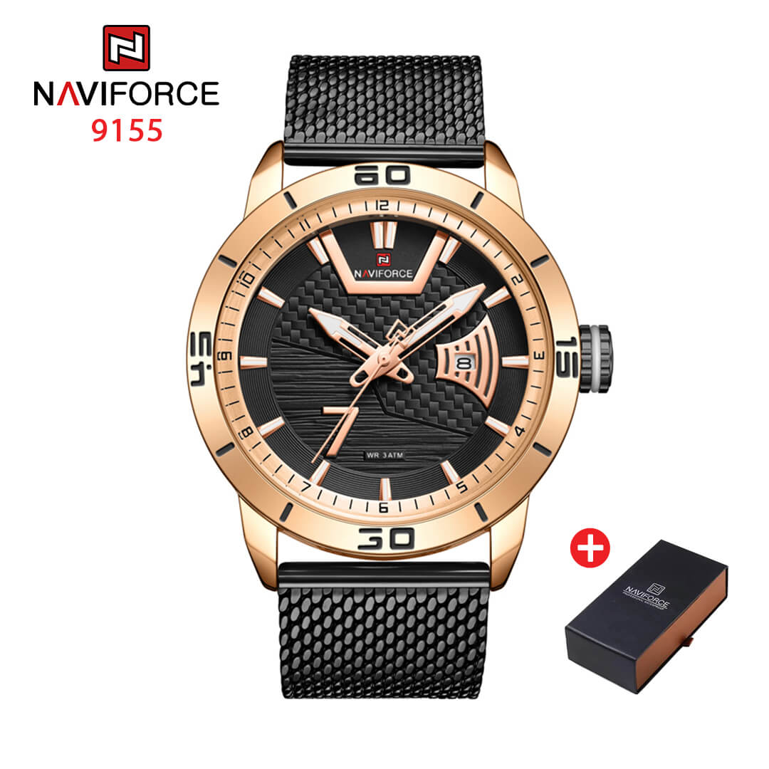 NAVIFORCE NF 9155M  Men's Casual Mesh Strap Analog Watch - RoseGold Black
