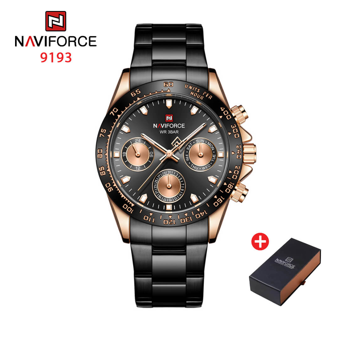 NAVIFORCE NF 9193  Men's Classic Multifunction Stainless Steel Chronograph Watch - Rosegold Black