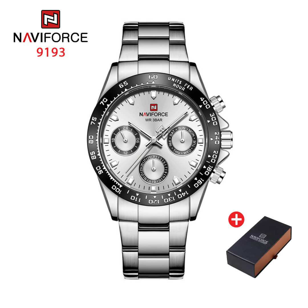 NAVIFORCE NF 9193  Men's Classic Multifunction Stainless Steel Chronograph Watch - Silver White