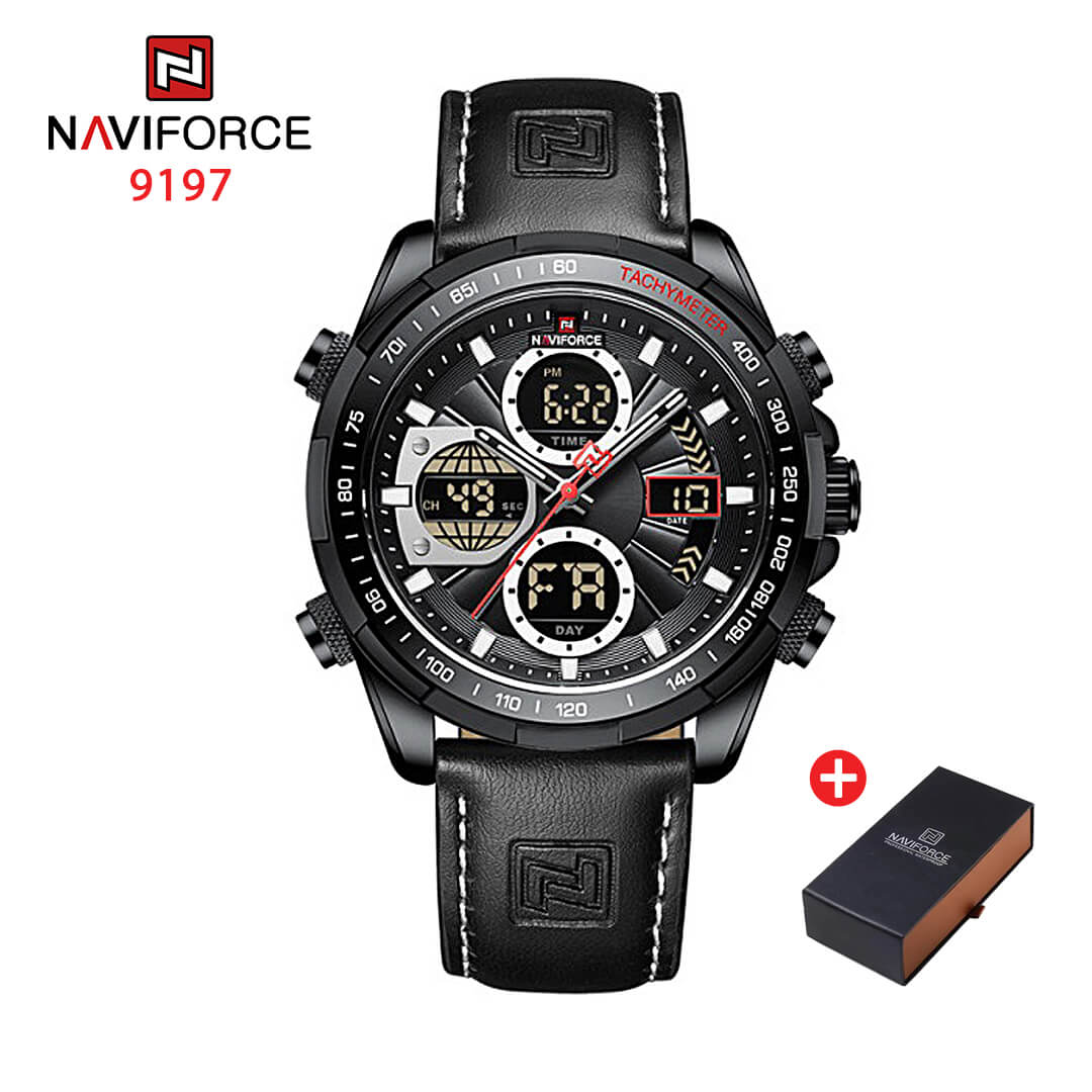 NAVIFORCE NF 9197 Men's Watch Dual Time Leather  - Black