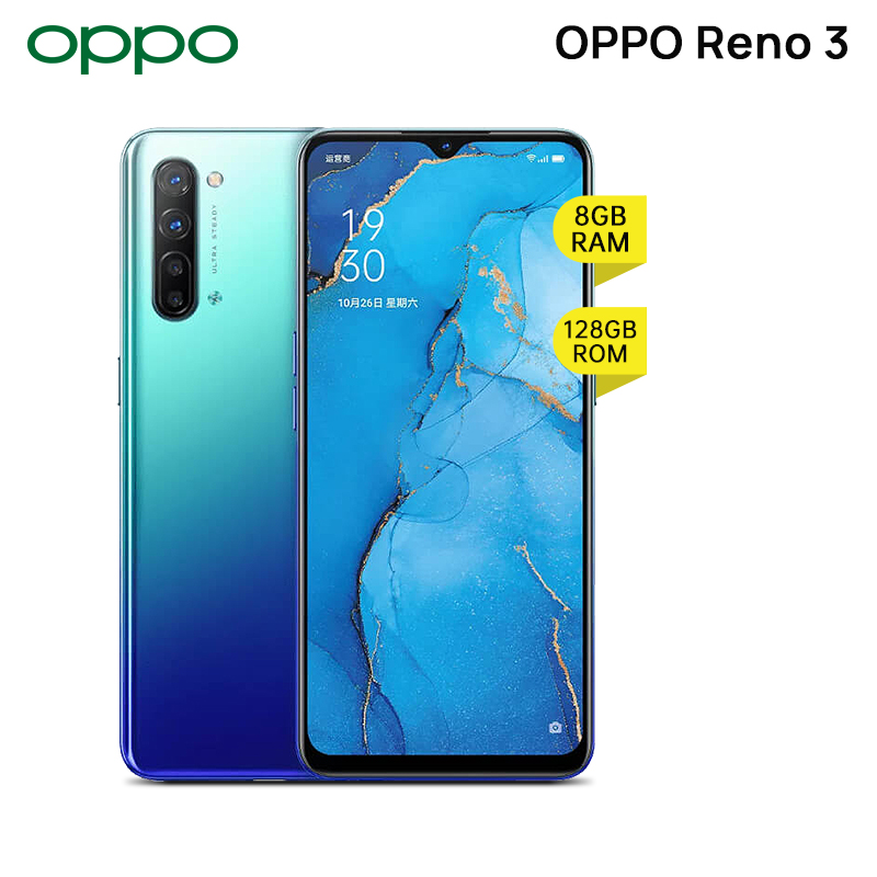 Oppo Reno3 8GB RAM, 128GB Storage, 48MP+13MP+8MP+2MP Rear Camera, 44MP Front Camera, 4025 mAH battery, CPH2043-Auroral Blue