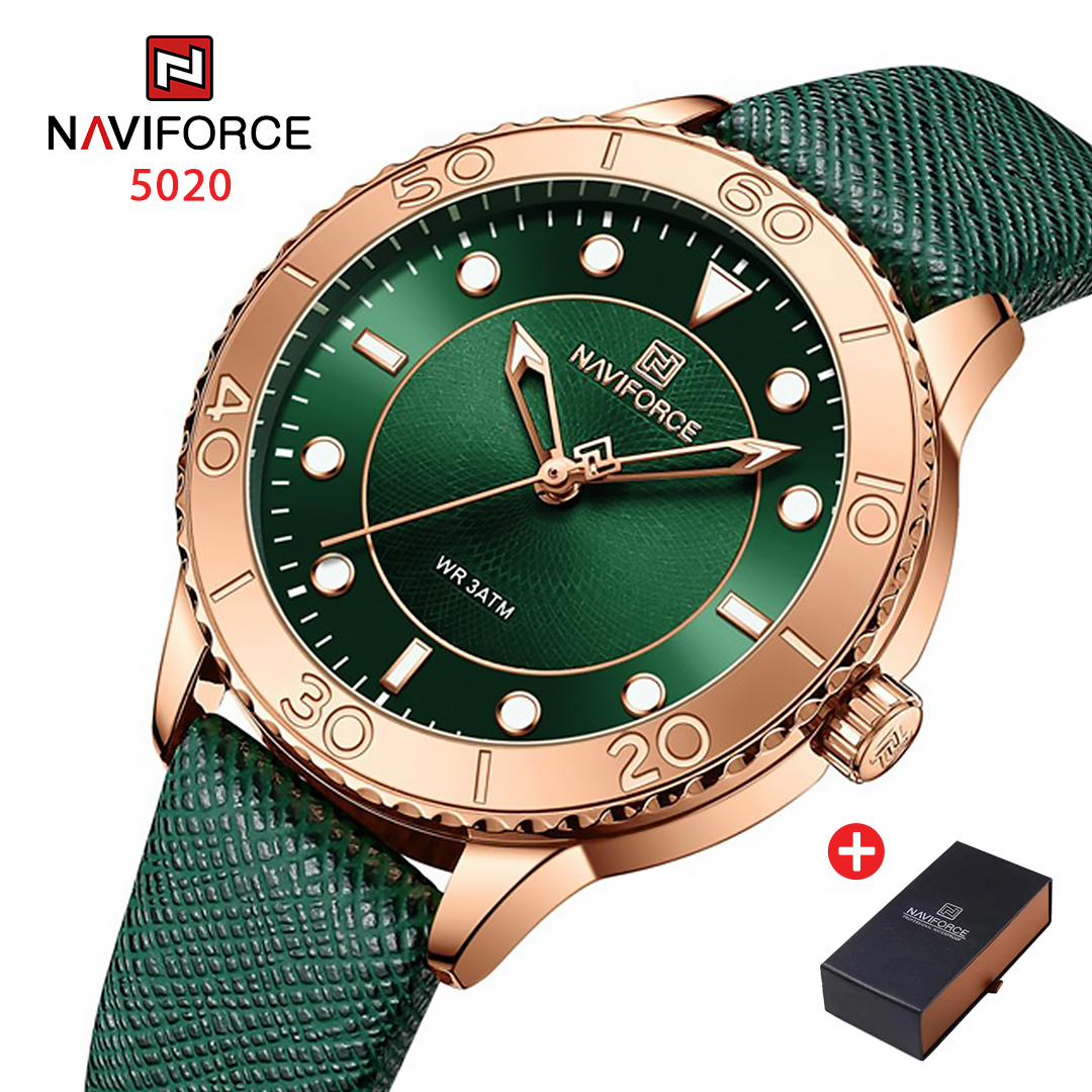 NAVIFORCE NF 5020 Women's Classic Leather Strap watch - Rosegold Green