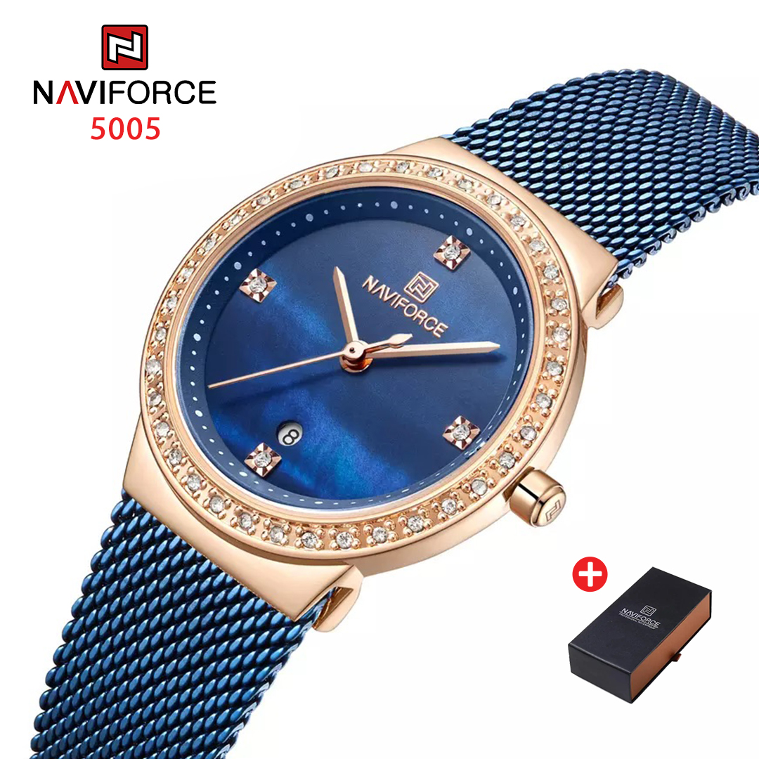 NAVIFORCE NF 5005 Women's Watch Stainless Steel Waterproof with Date-ROSE GOLD BLUE