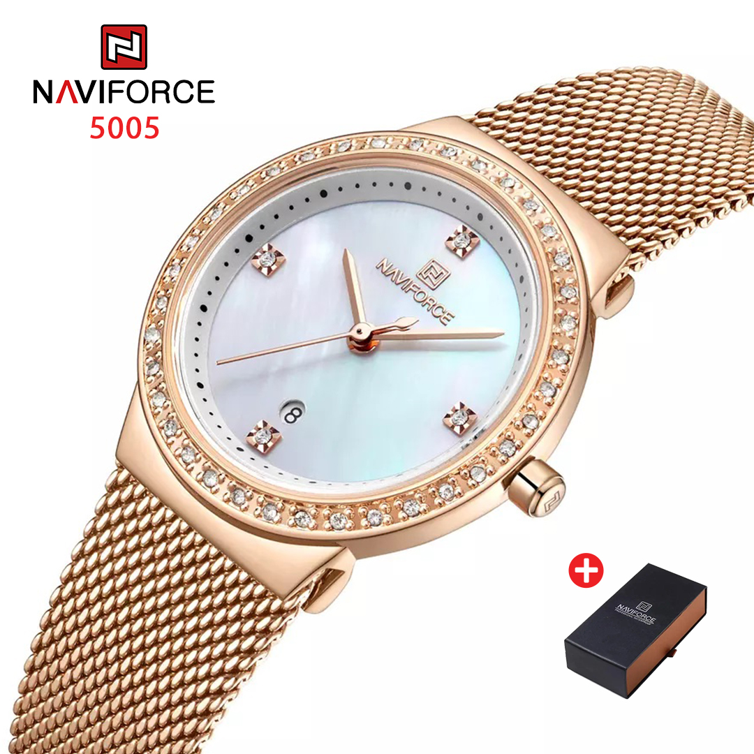 NAVIFORCE NF 5005 Women's Watch Stainless Steel Waterproof with Date-ROSE GOLD WHITE